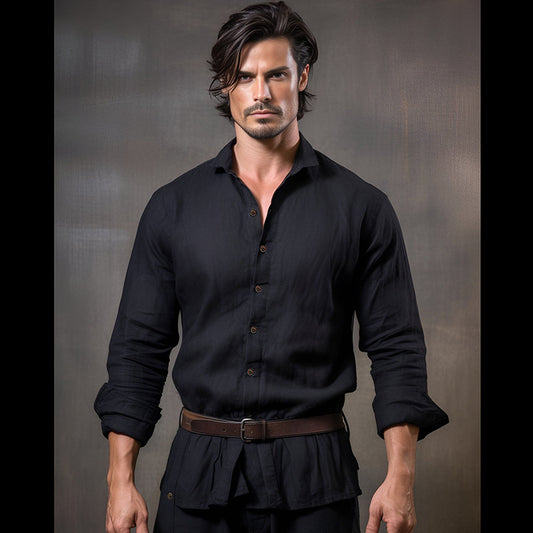 Pure Color Men's Medieval Retro Cotton And Linen Lapel Shirt